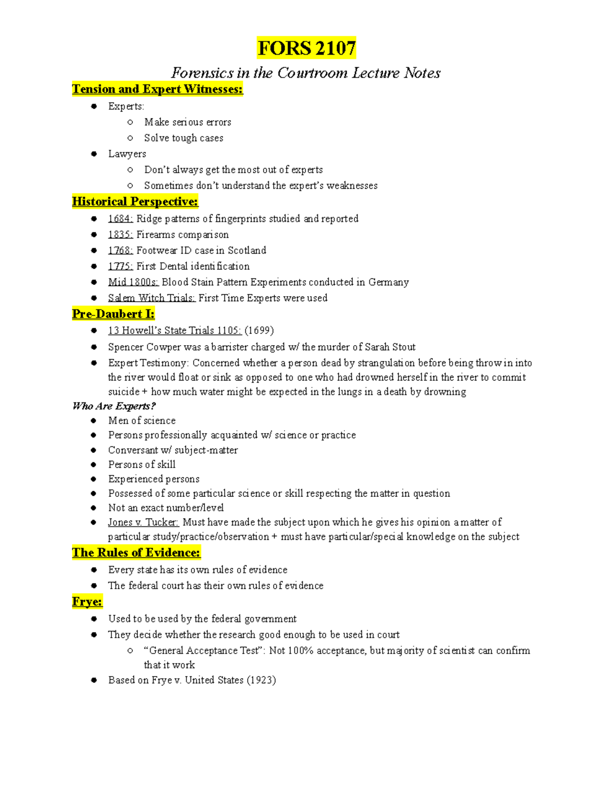 FORS 2107 Forensics in the Courtroom: Comprehensive Lecture Notes - Studocu