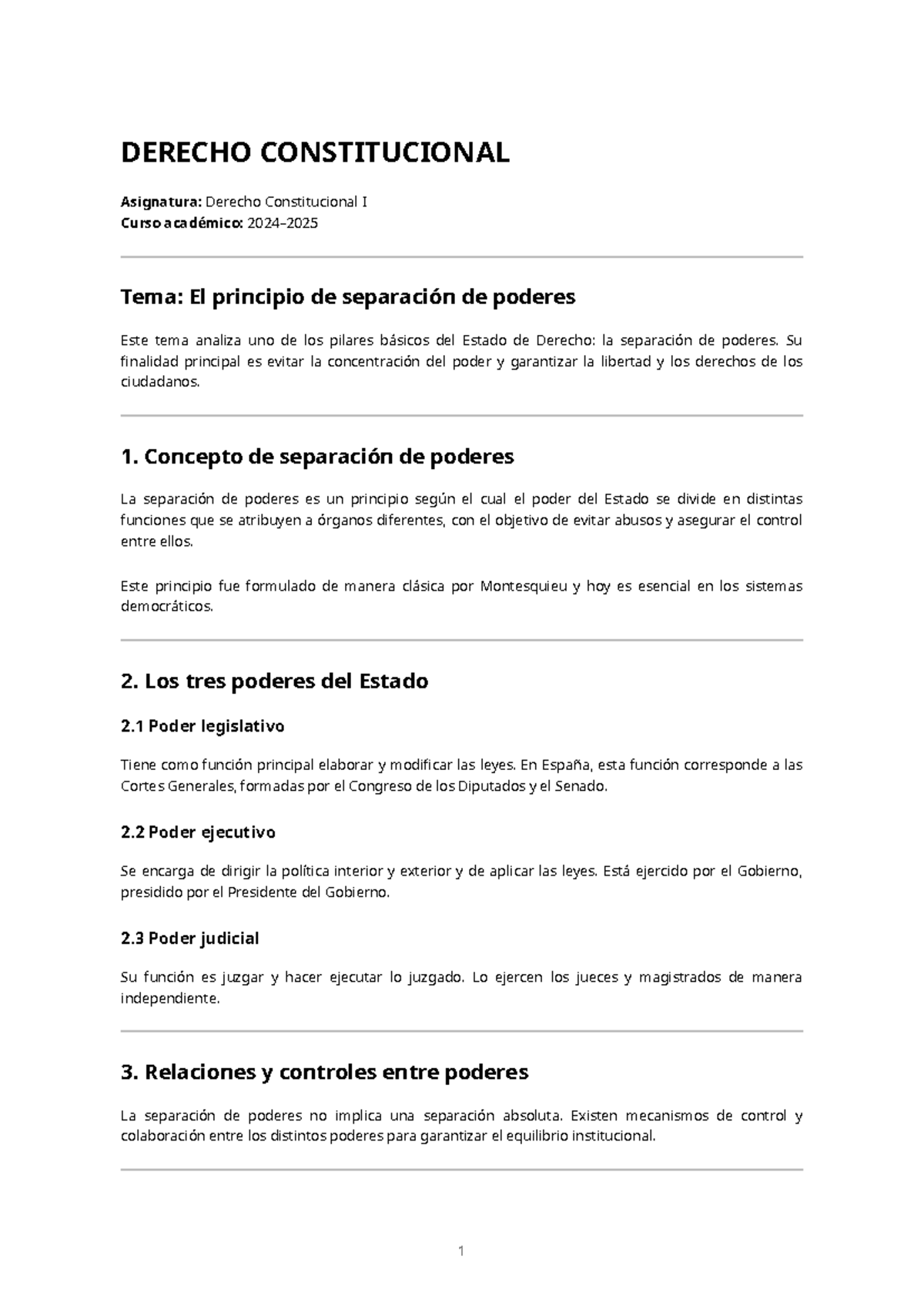 Derecho Constitucional I: El Principio de Separación de Poderes - Studocu
