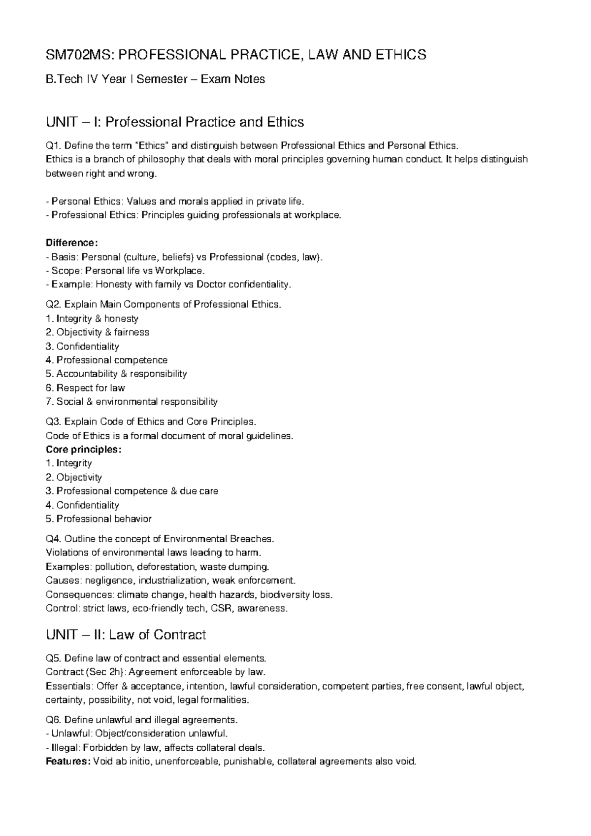 SM702MS: Professional Practice, Law & Ethics Exam Notes - B.Tech IV ...
