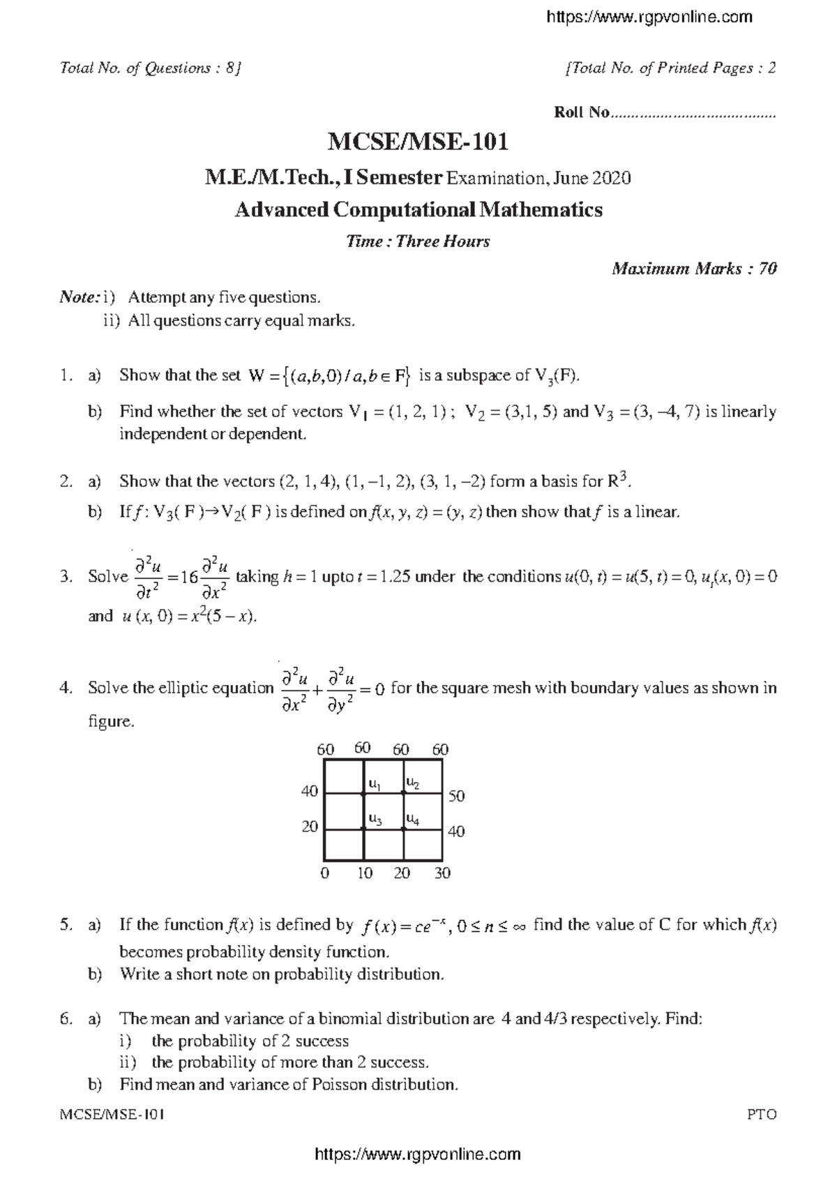 Advanced Computational Mathematics MCSE/MSE-101 Final Exam Jun 2020 ...