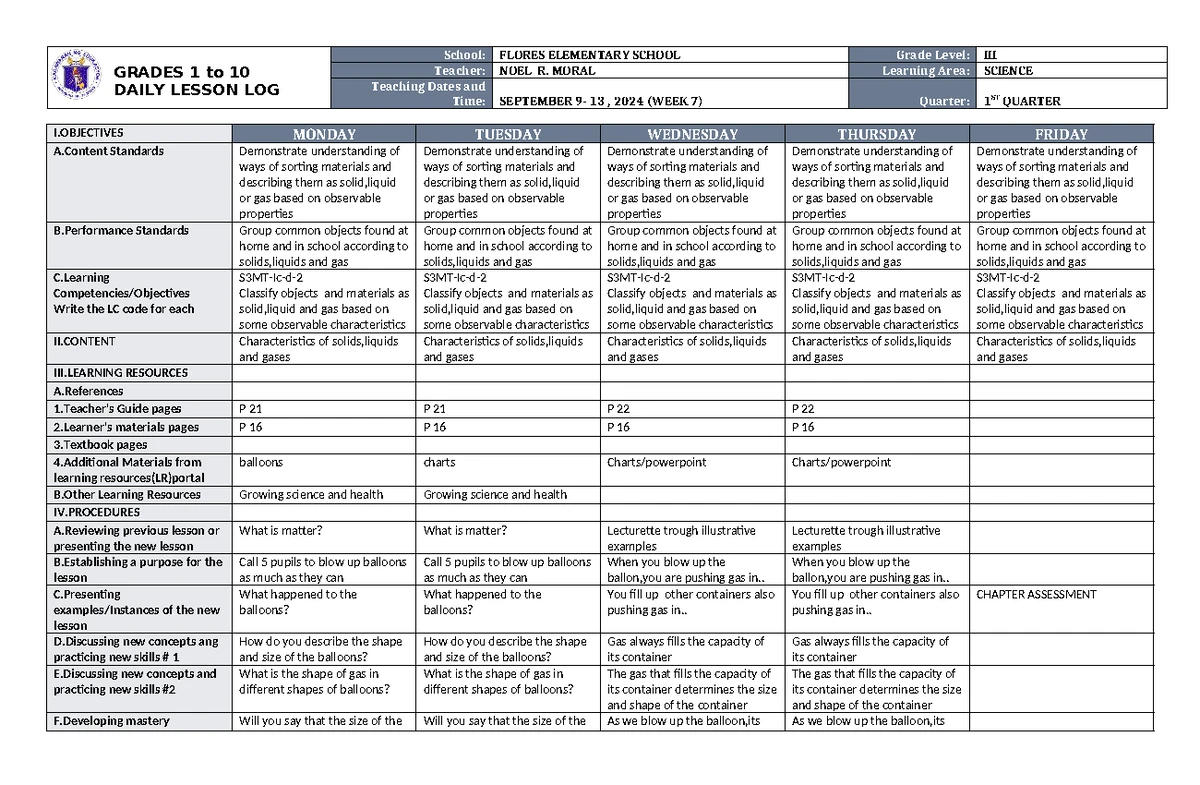 DLL Mathematics 3 Q1 W7 - Daily Lesson Log for Grade III - Studocu