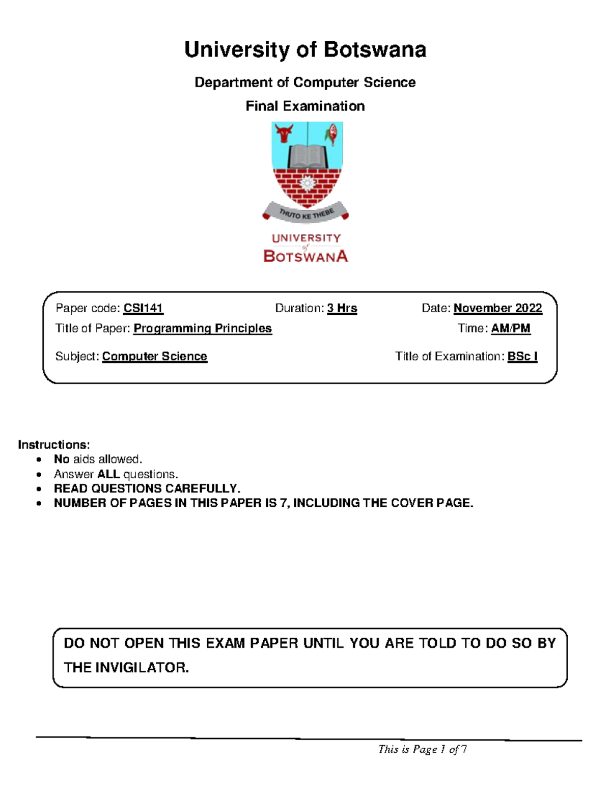 CSI141 Final Exam Paper: Programming Principles - November 2022 - Studocu