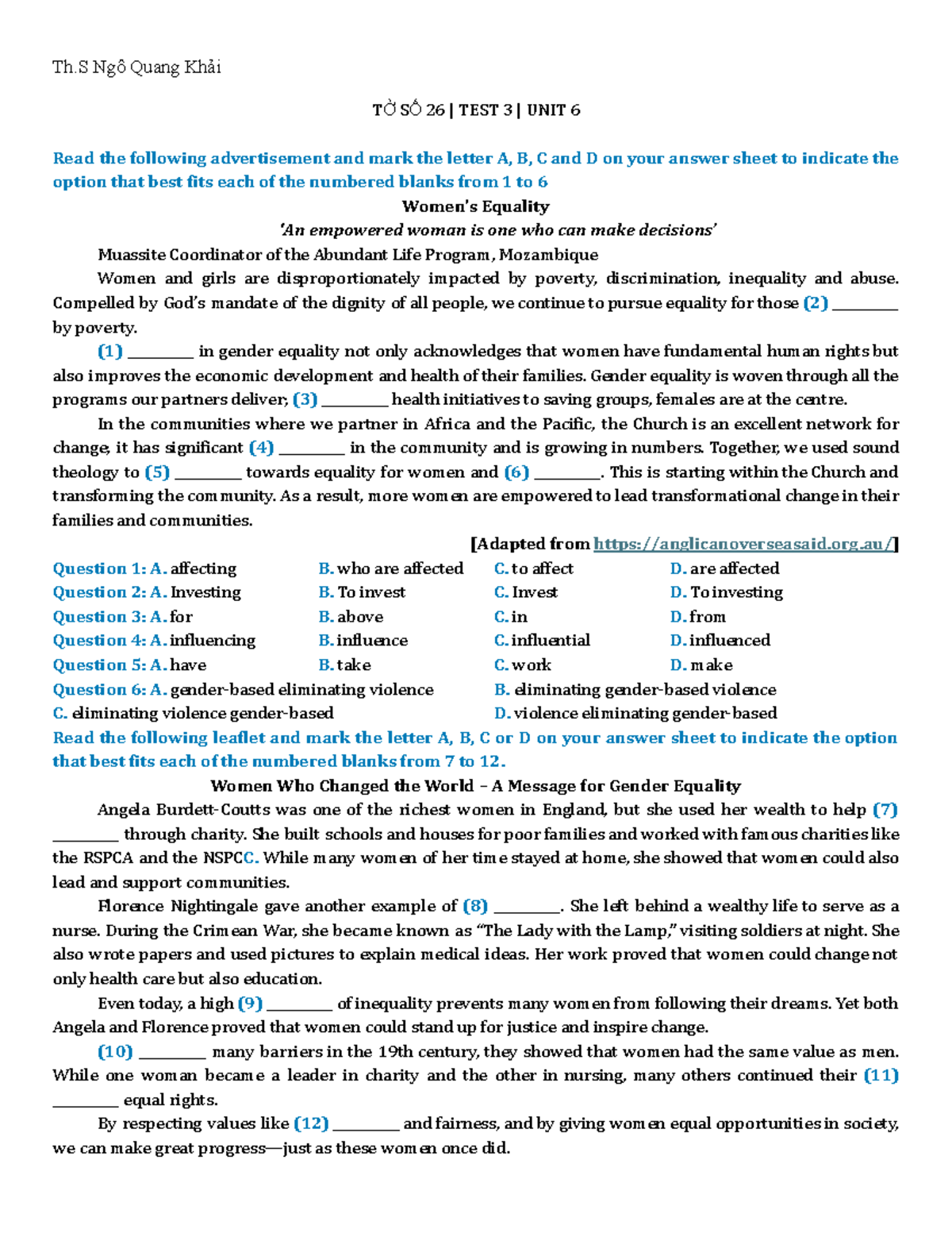 TỜ SỐ 26 TEST 03 UNIT 6 Gender Equality and Women's Empowerment - Studocu
