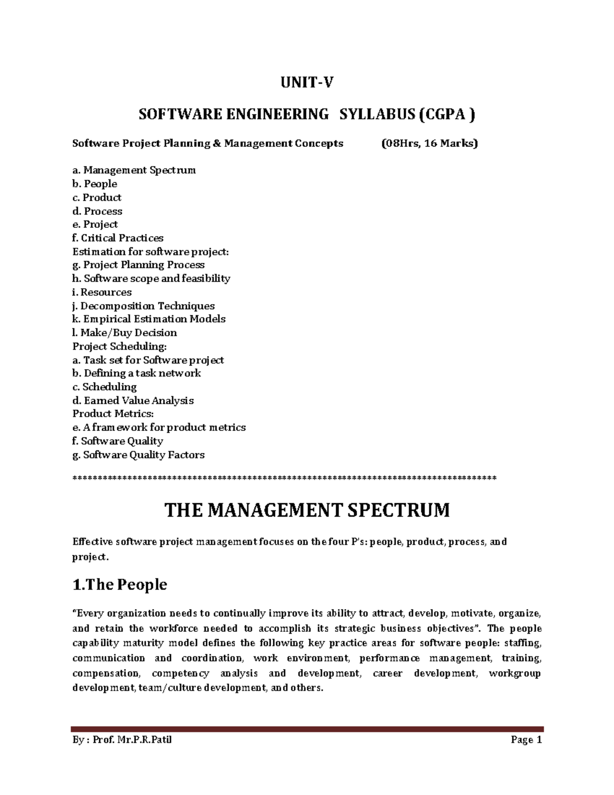 SOFTWARE ENGINEERING SYLLABUS (SE CGPA): Project Planning & Management ...