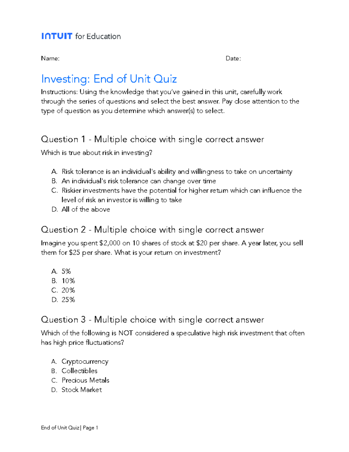 Investing: End of Unit Quiz for FIN 101 - Financial Literacy - Studocu