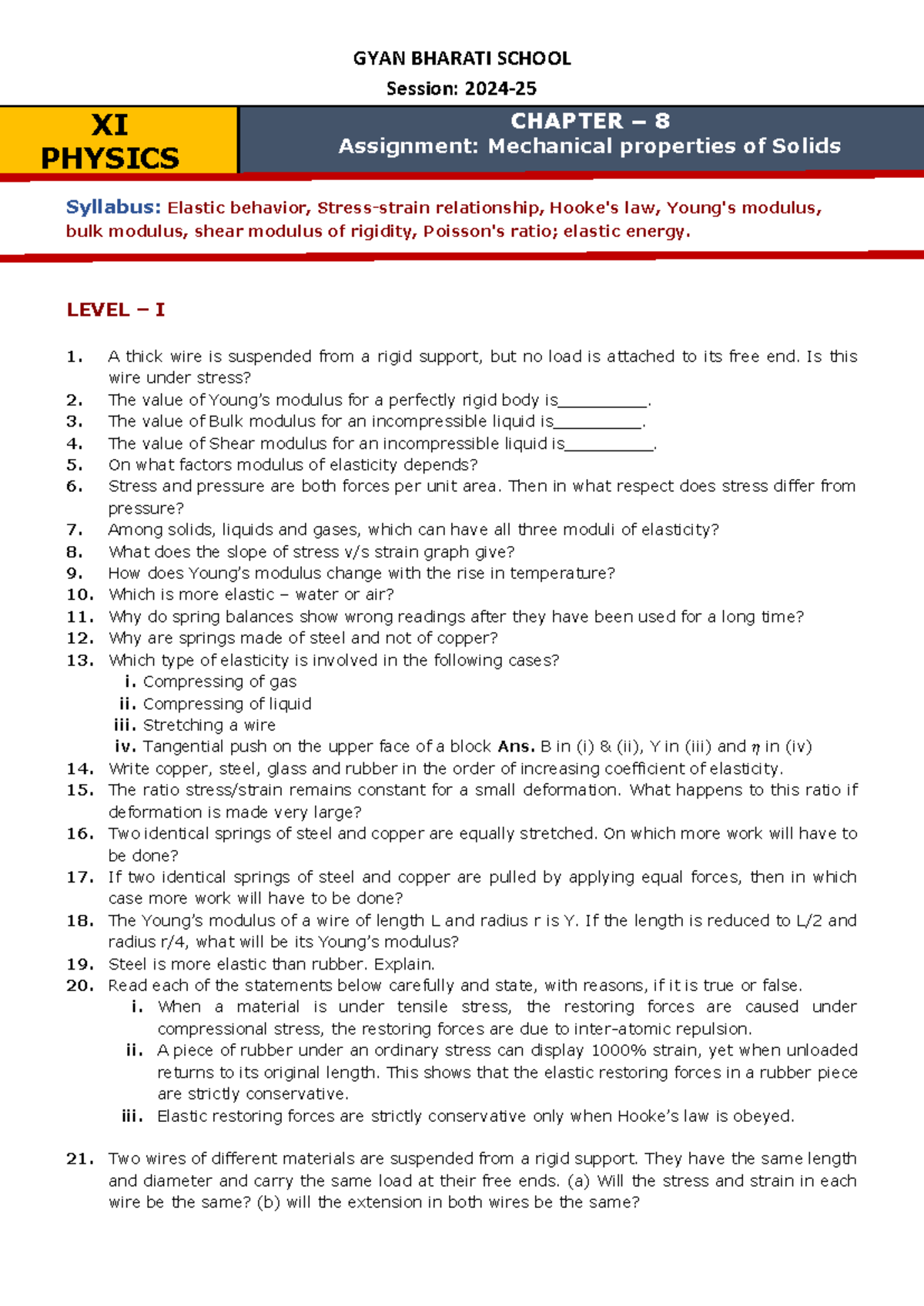 CH-8 XI PHY Mechanical Properties of Solids Practice Questions 2024-25 ...