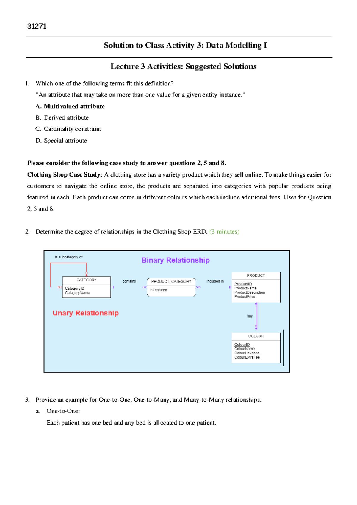 31271 Suggested Solutions for Class Activity 3: Data Modelling I - Studocu