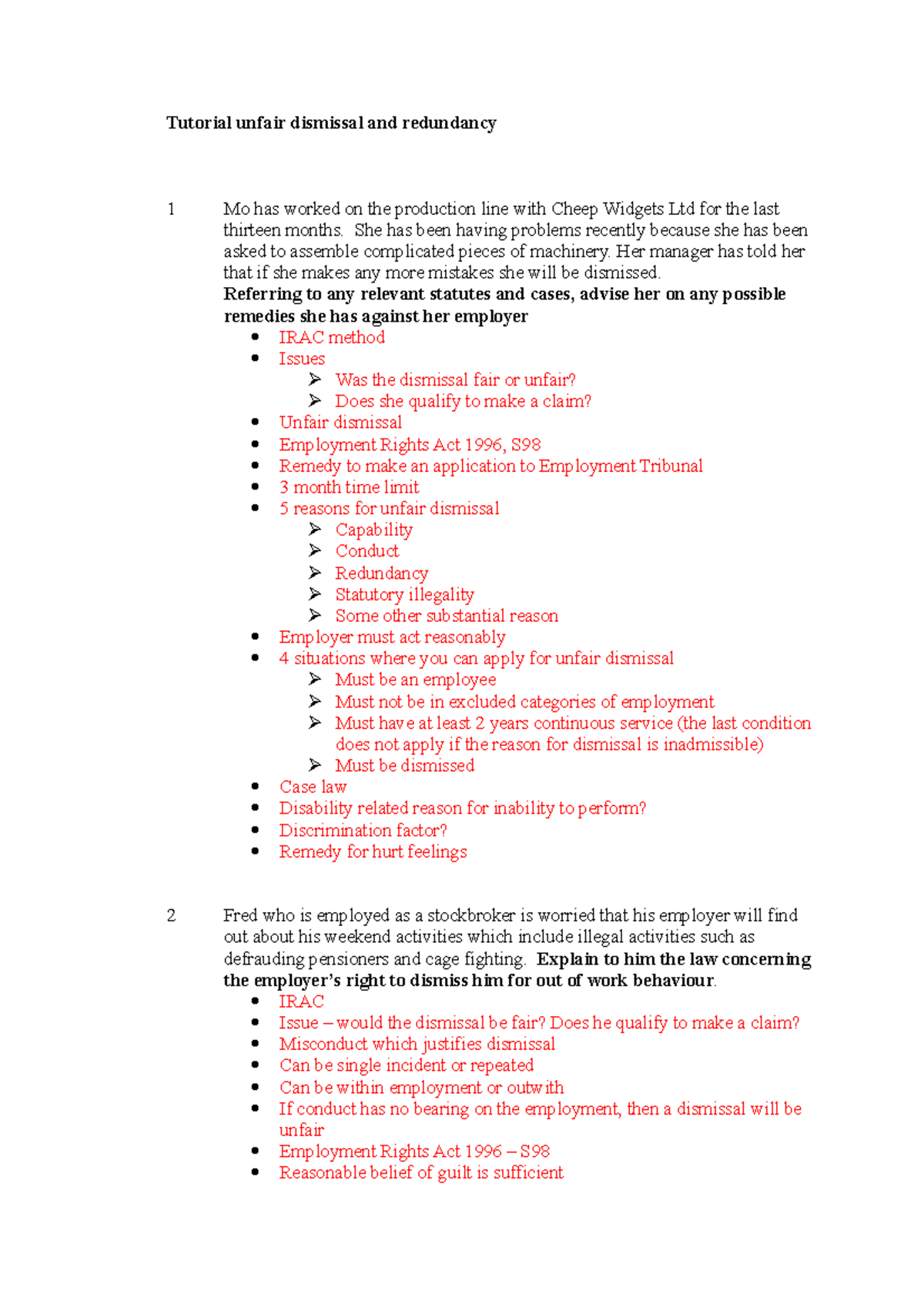 Tutorial 10 - Remedies for Unfair Dismissal & Redundancy Law - Studocu