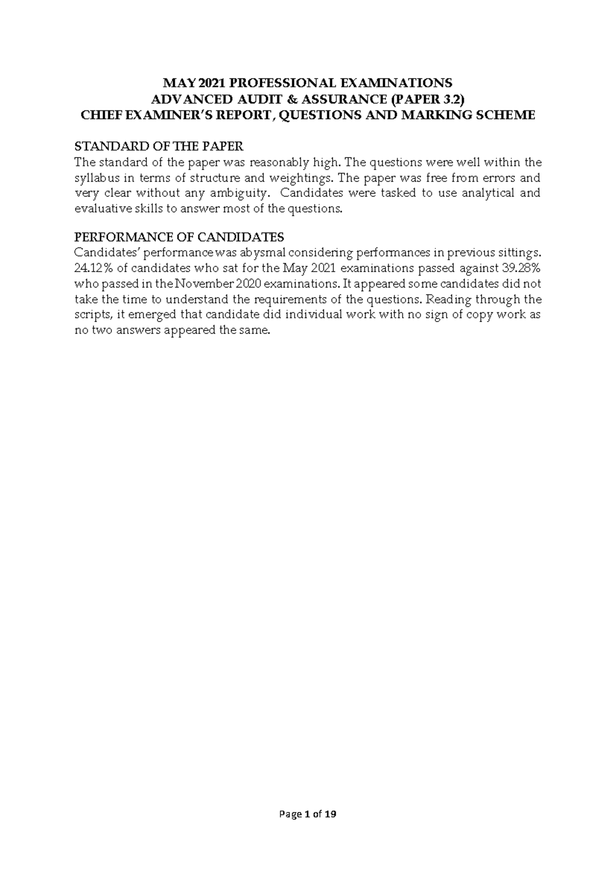 Advanced Audit & Assurance (Paper 3) May 2021 Exam Report & Solutions ...