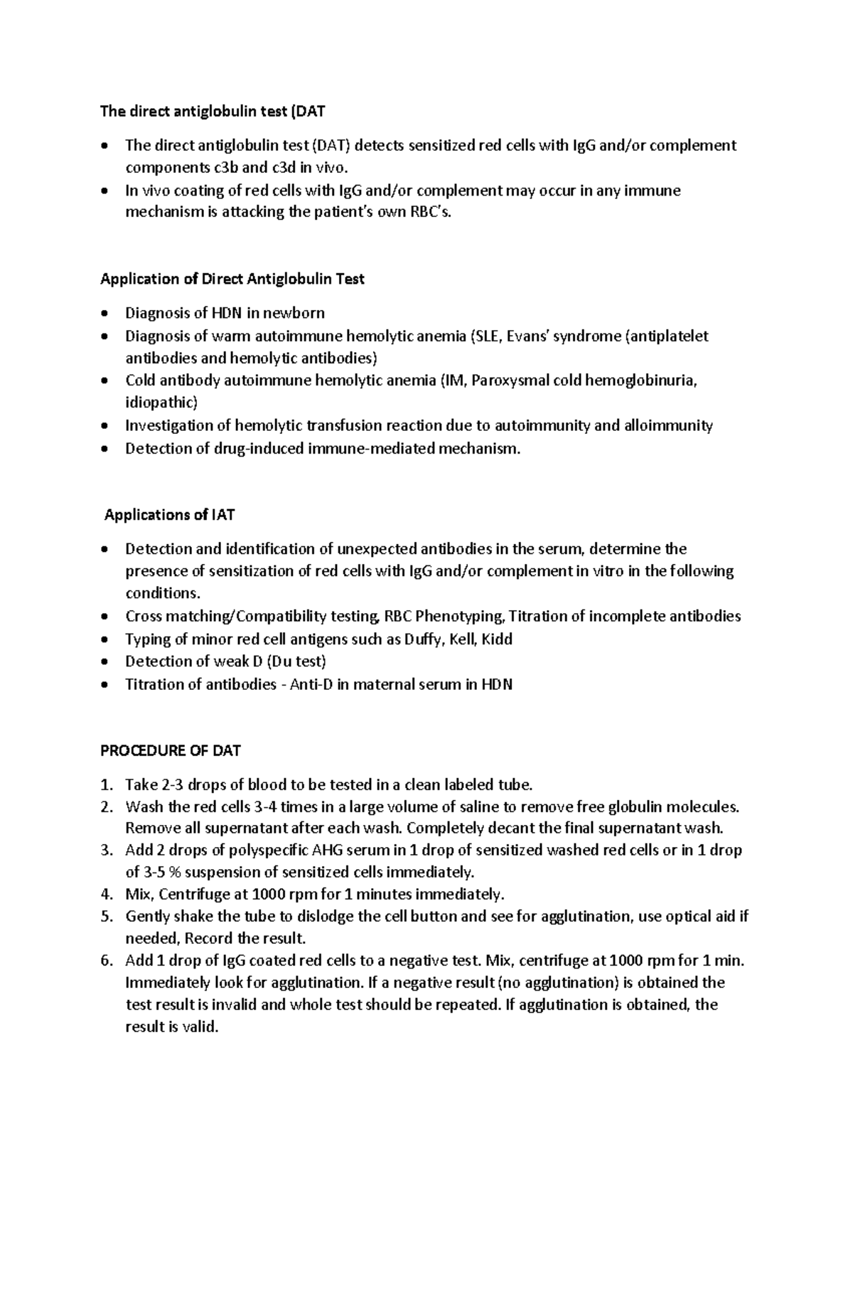 DAT and IAT Notes: Understanding Antiglobulin Testing Processes - Studocu