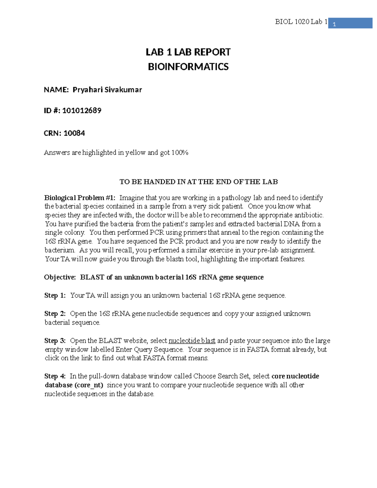 BIOL 1020 Lab 1: Bioinformatics Lab Report on Bacterial Identification ...