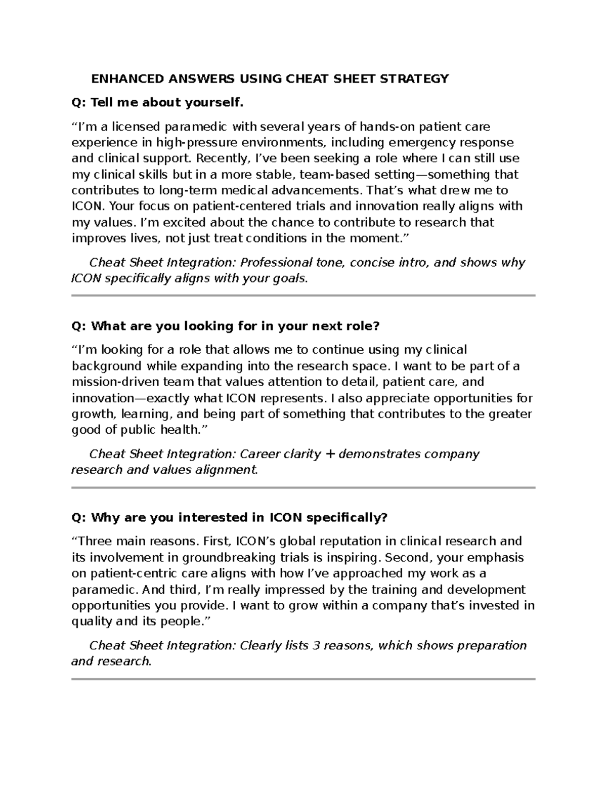 Cheat Sheet 2: Enhancing Interview Responses for ICON Roles - Studocu