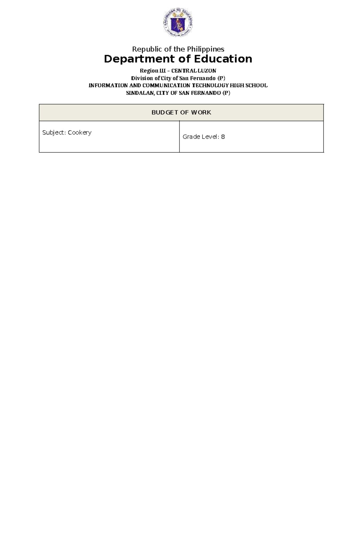 Budget OF WORK - BOW - Republic of the Philippines Department of ...