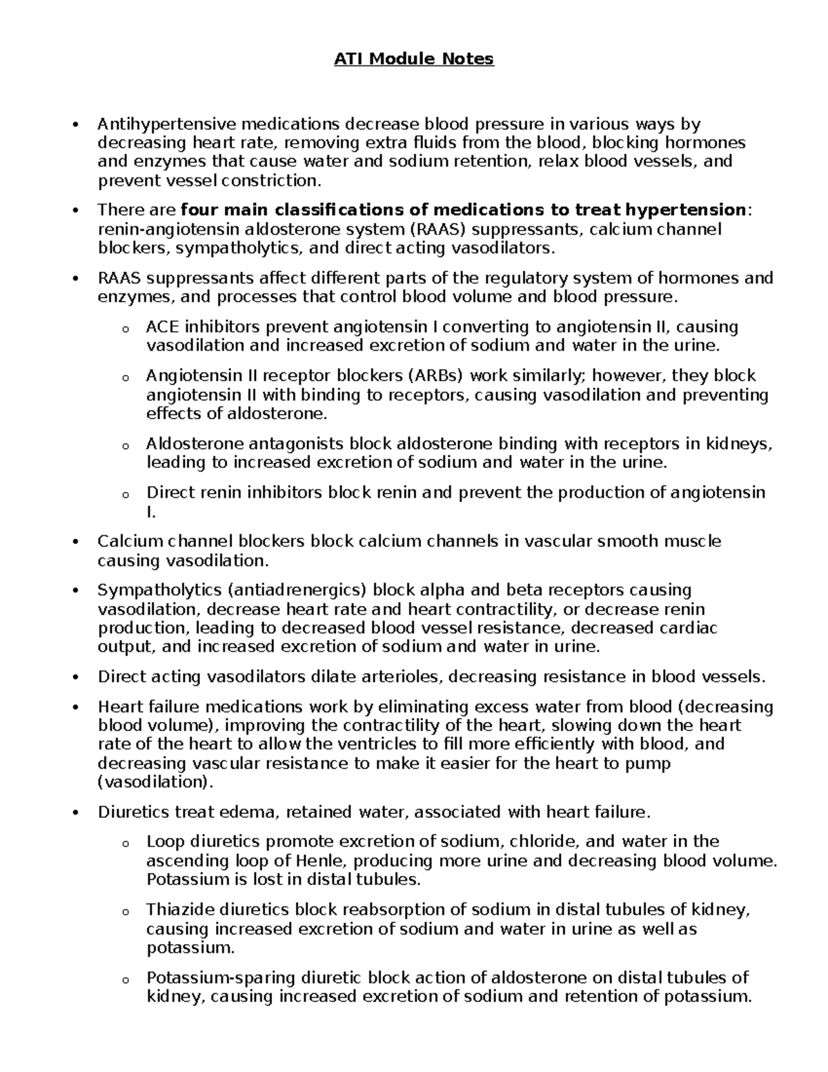 ATI Module Notes on Antihypertensive & Antihyperlipidemic Medications ...