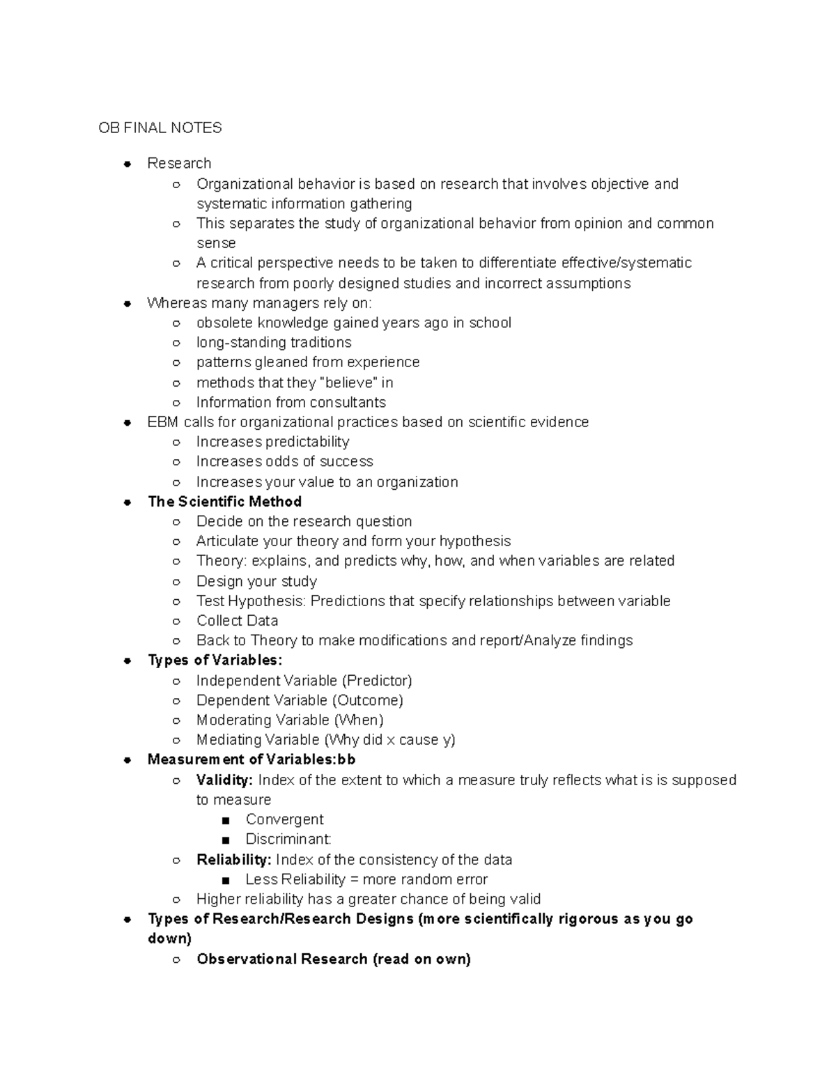 OB1 Final Exam Notes: Key Concepts in Organizational Behavior - Studocu