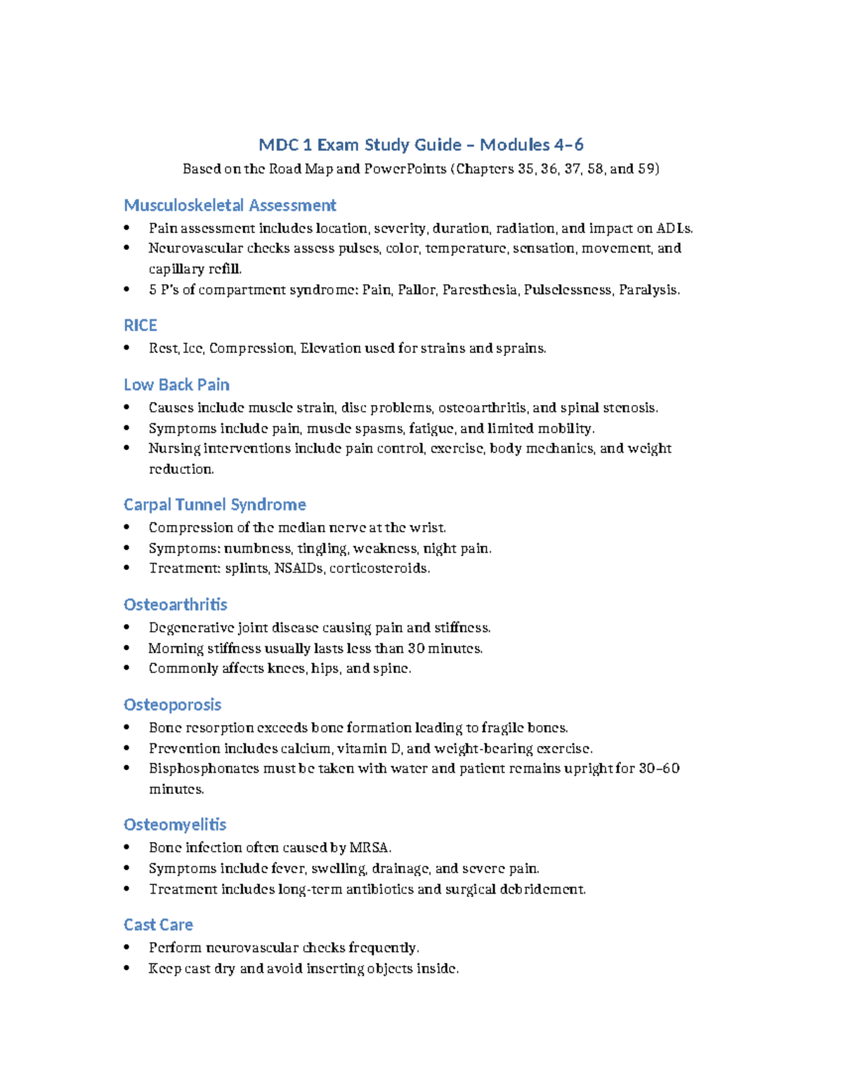 MDC 1 Exam Study Guide: Key Topics in Musculoskeletal & Neurological ...