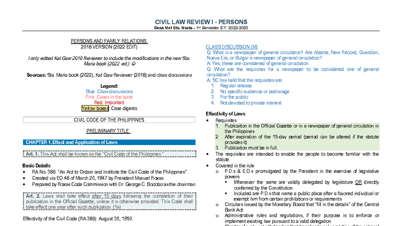 CIVIL LAW REVIEW I: PERSONS AND FAMILY RELATIONS (S.Y. 2018-2022) - Document Preview