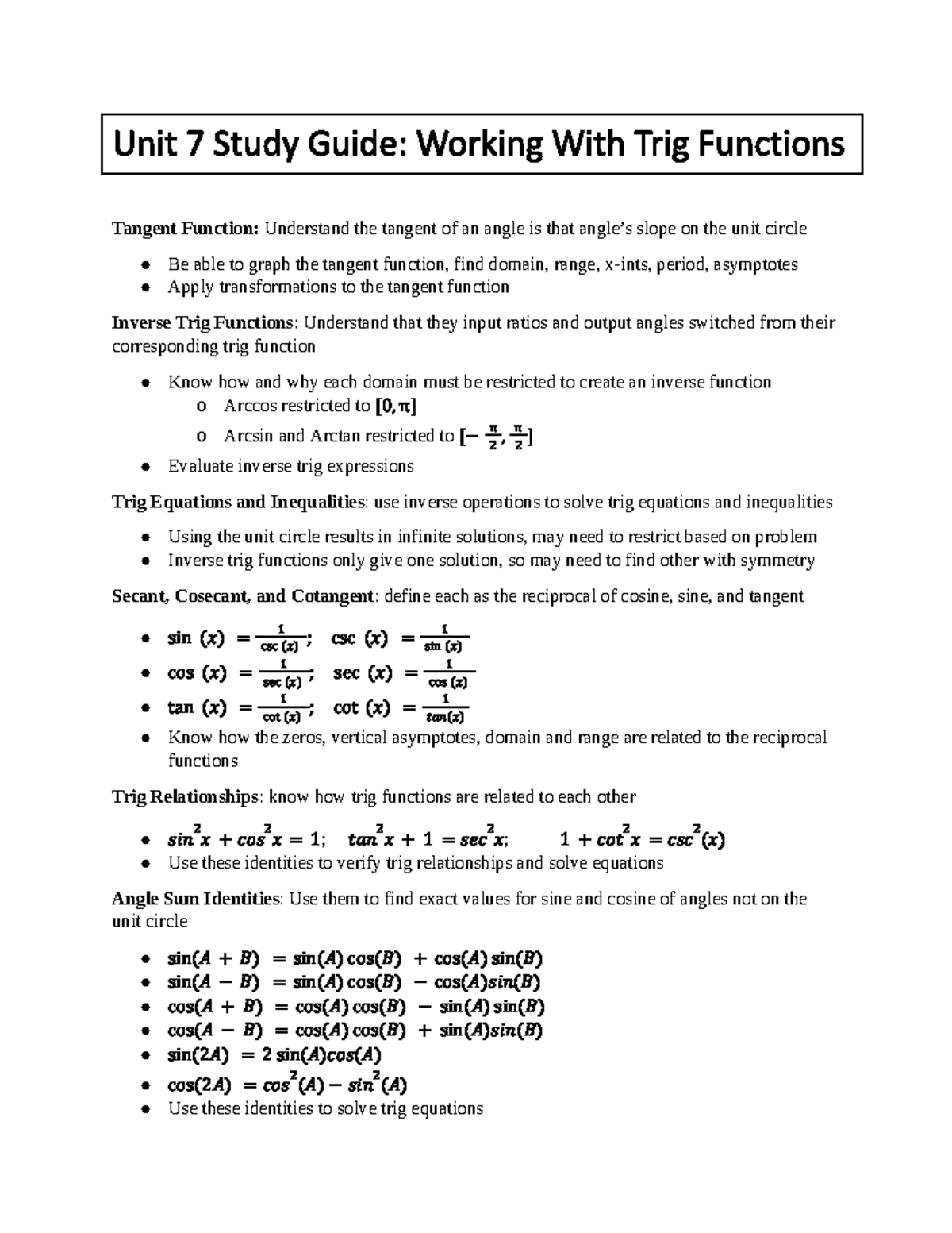 Unit 7 Study Guide: Trigonometric Functions, Identities & Equations ...