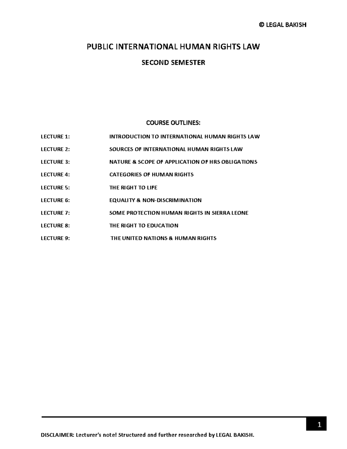 International Human Rights Law (PIL) Second Semester Lecture Notes ...