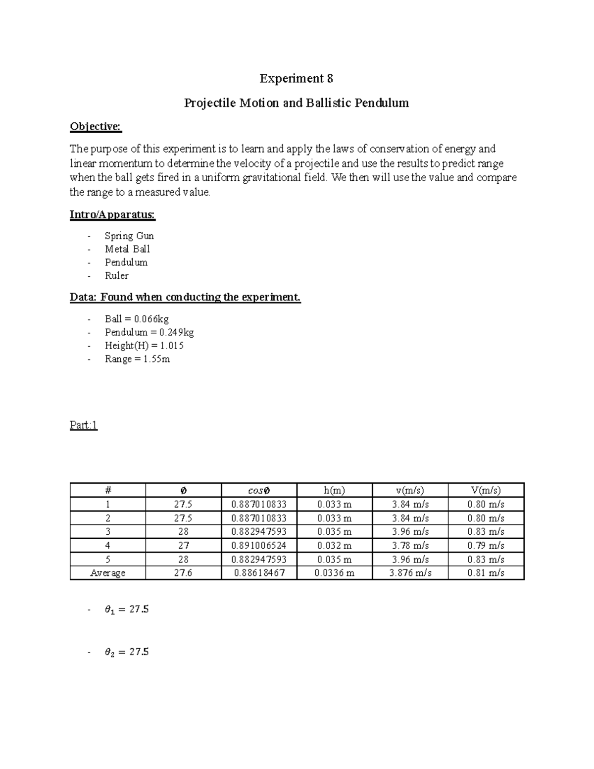 Lab Report 8 - Experiment 8 Projectile Motion and Ballistic Pendulum ...