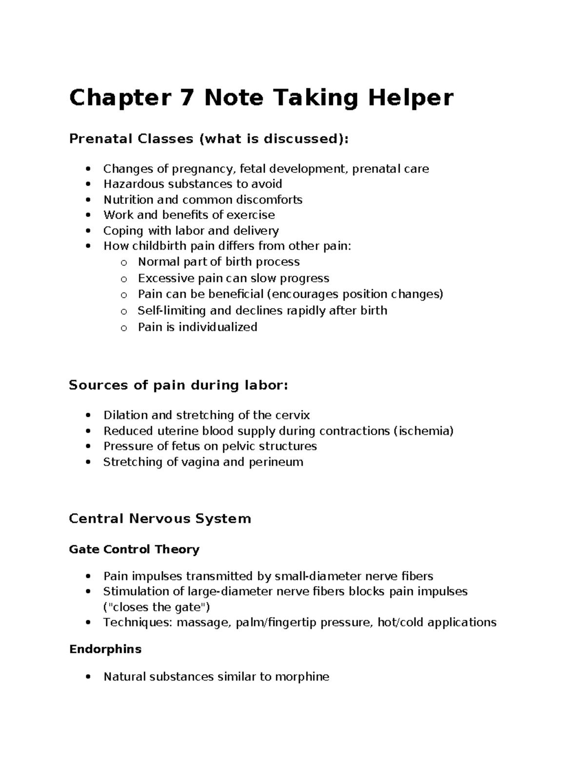 Chapter 7 Notes: Prenatal Classes on Labor Pain Management - Studocu