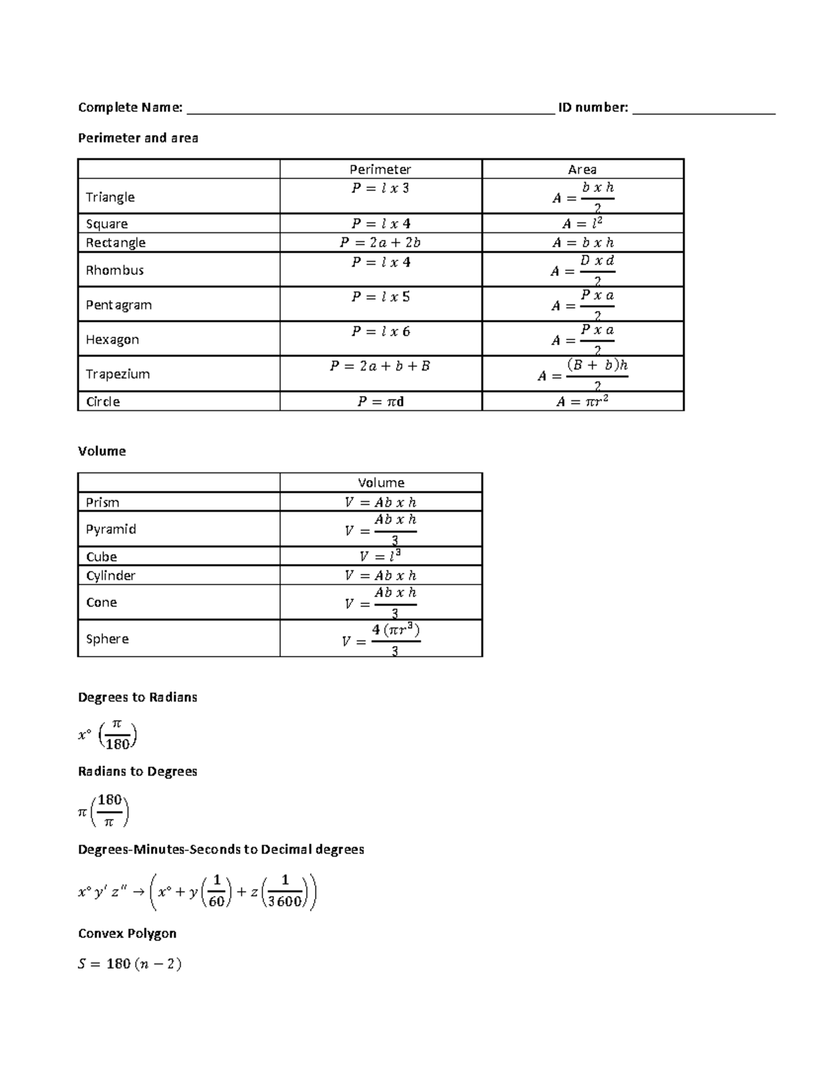 Mathematics Formulas: Perimeter, Area, and Volume Concepts - Studocu