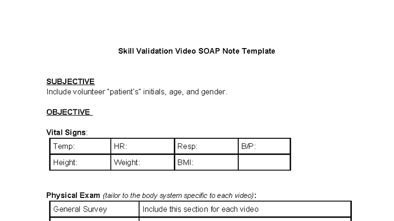 Skill Validation Video SOAP Note Objective Template - NUGR 532 - Skill ...