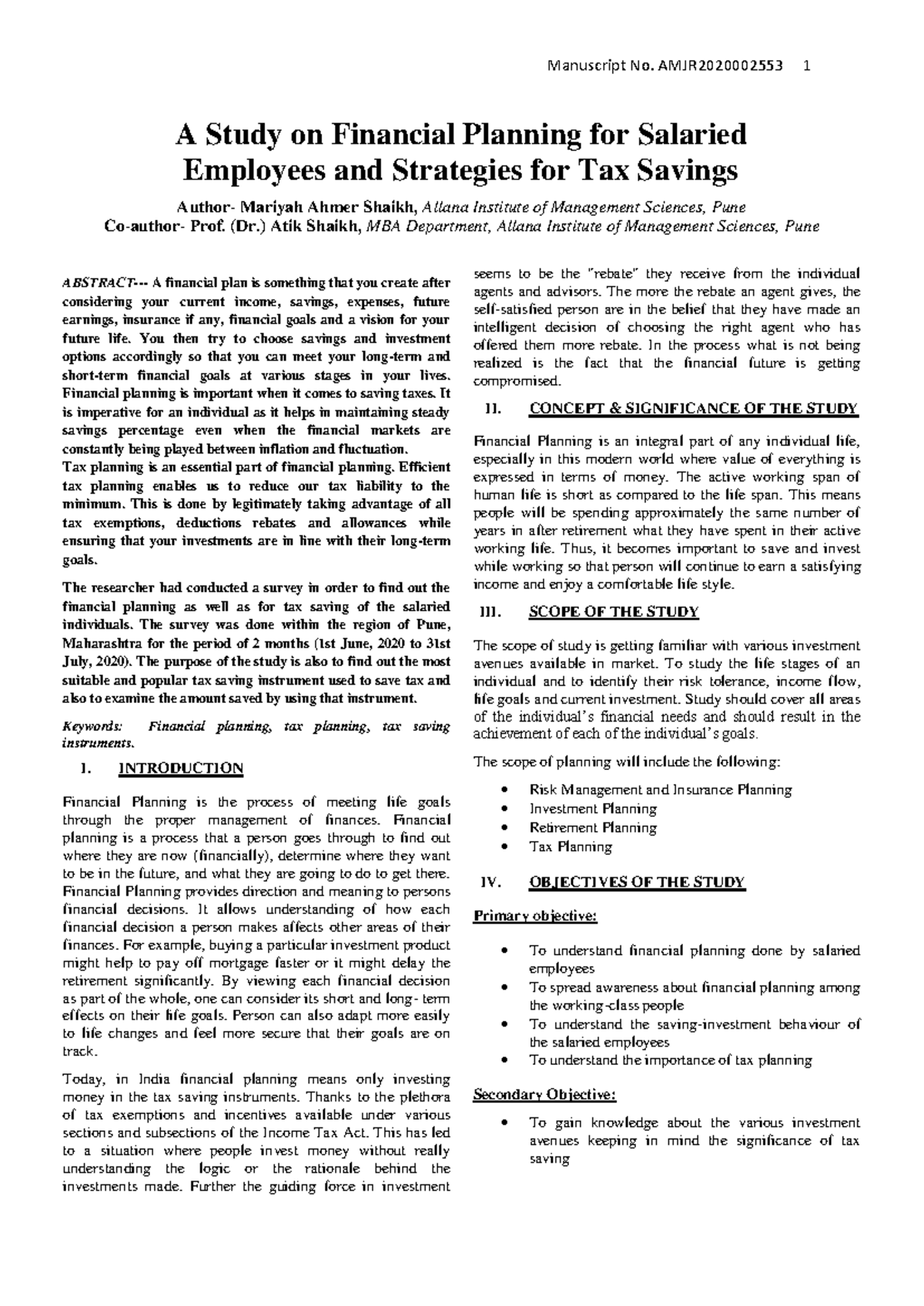 13161 pdf - financial planning - A Study on Financial Planning for ...