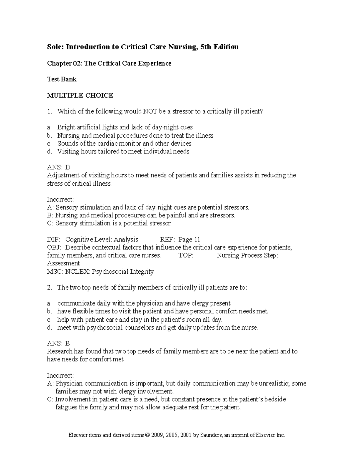 Chapter 02 The Critical Care Experience - Sole: Introduction to Critical Care Nursing, 5th ...