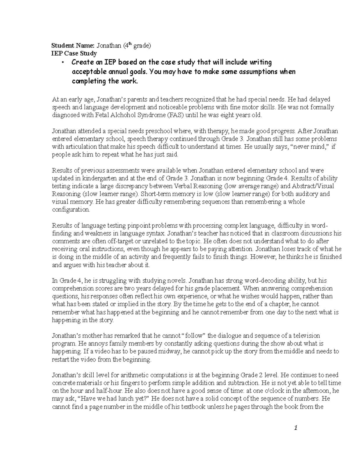 IEP Case Study of Jonathan: Addressing Special Needs in Grade 4 - Studocu