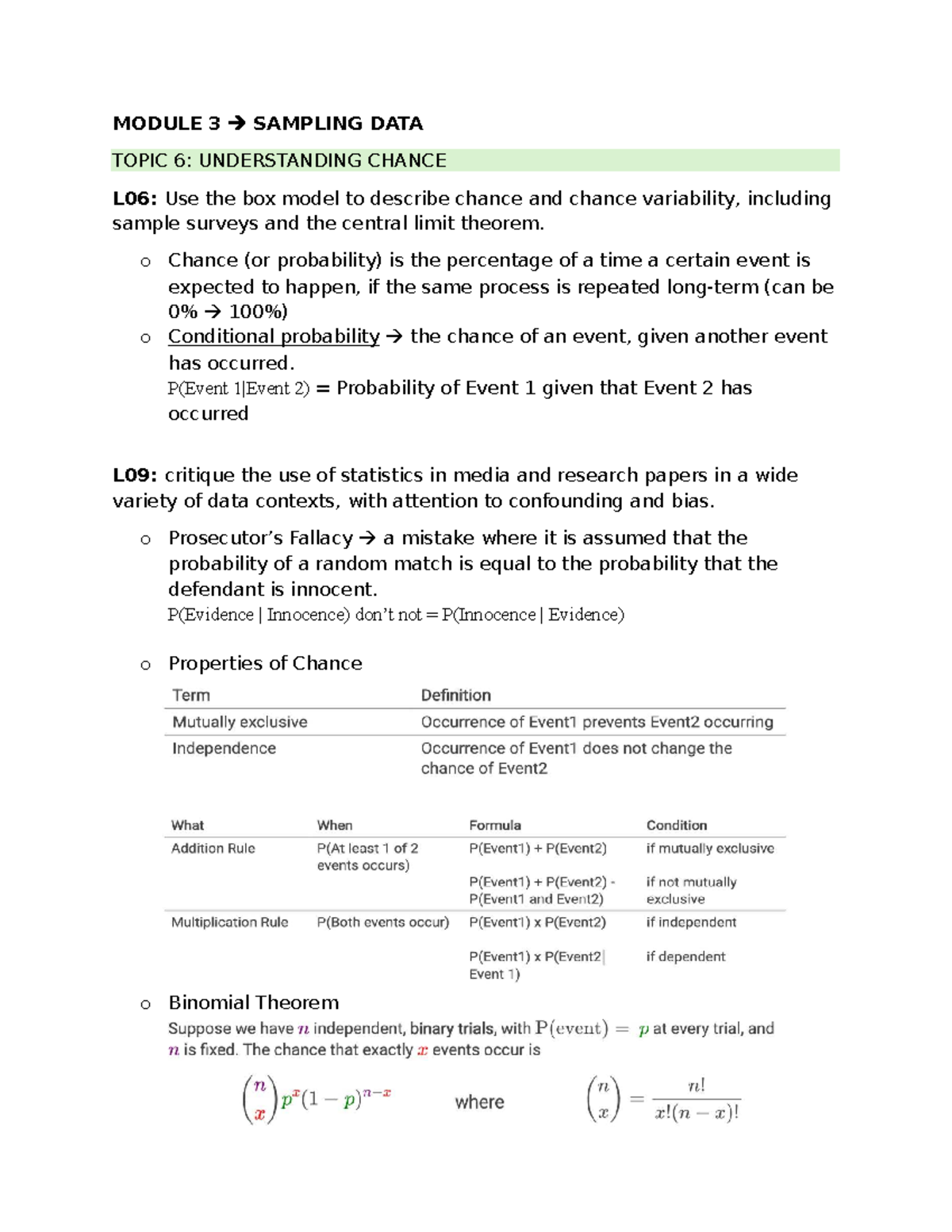 Module 3: Sampling Data & Chance Variability (L06-L09) - Studocu