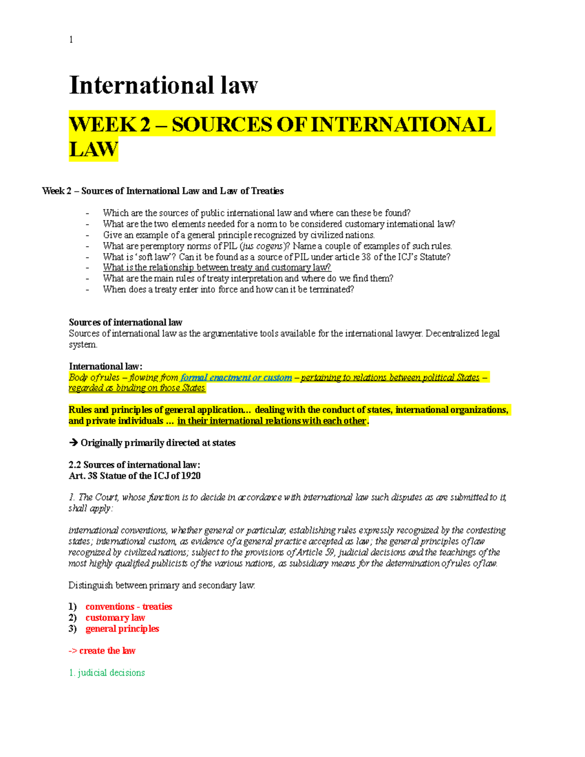 INTL 101 - Week 2 Notes on Sources of International Law & Treaties ...