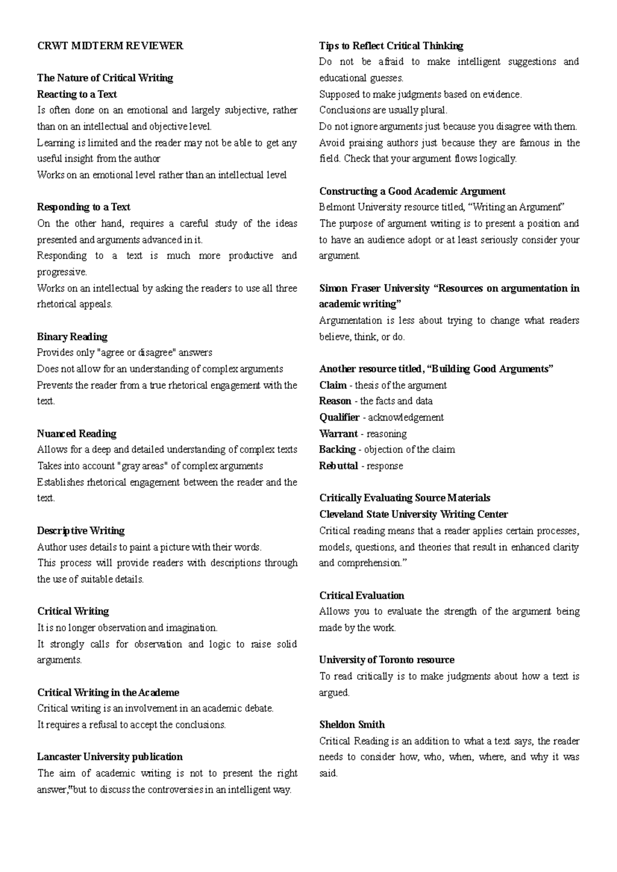 CRWT- Midterm Exam Reviewer: Key Concepts in Critical Writing - Studocu