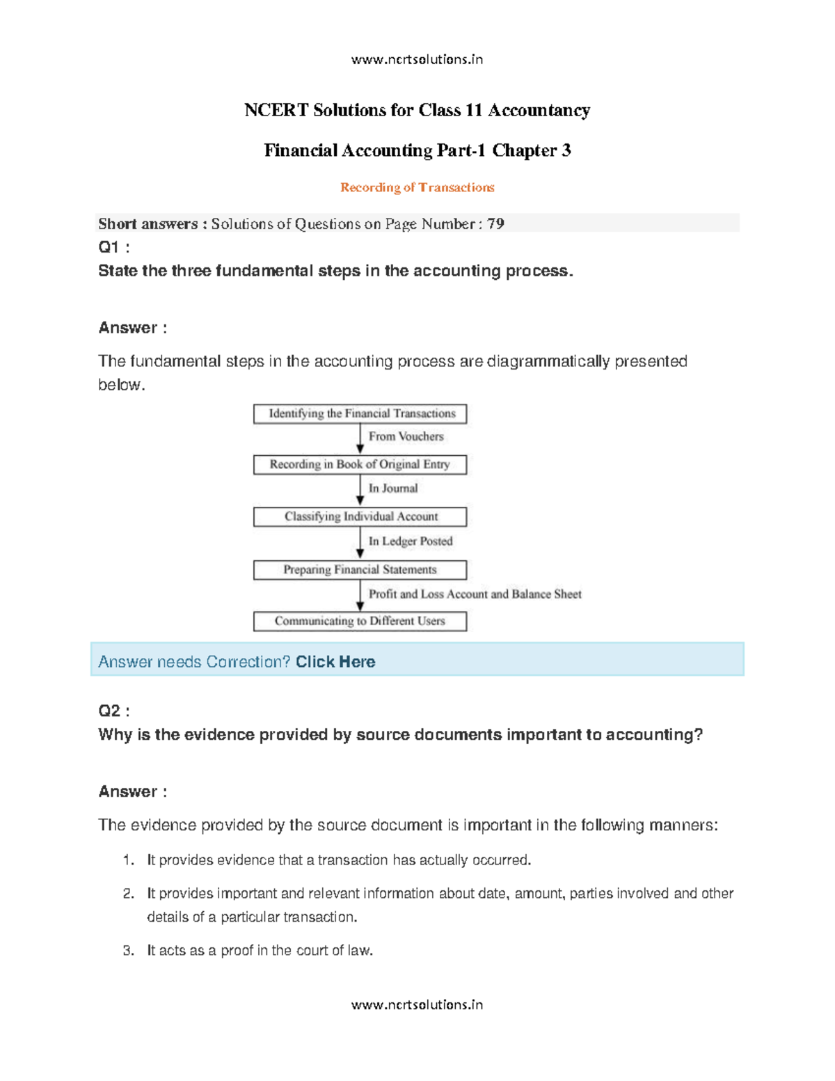 NCERT Solutions for Class 11 Accountancy Part 1 Ch 3 - Recording ...