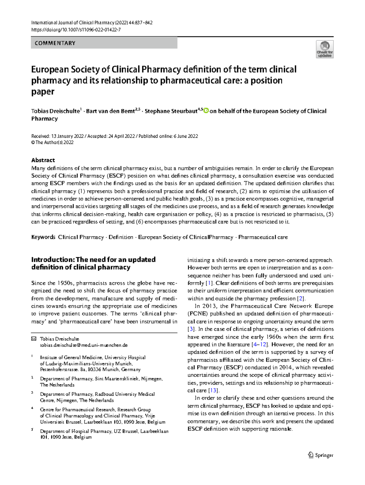 ESCP 2022 Position Paper: Defining Clinical Pharmacy and Its Role in ...