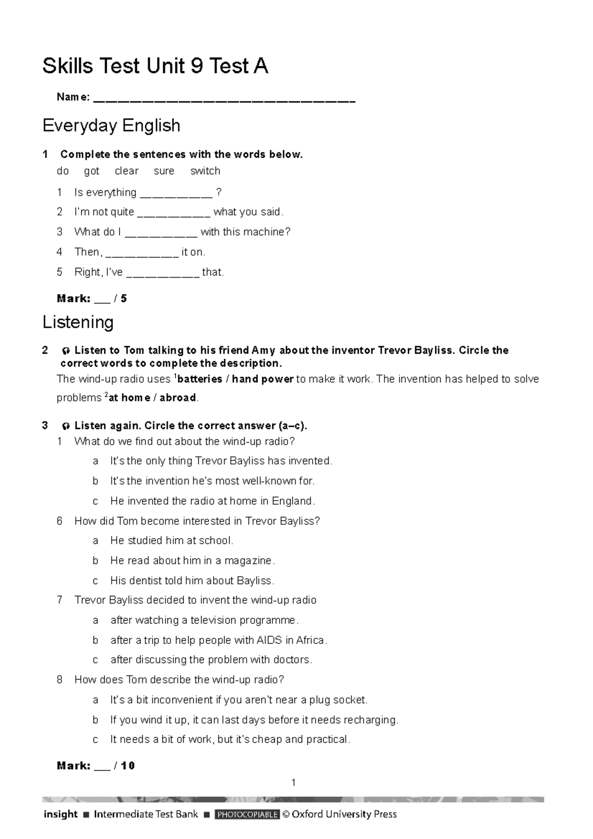 Intermediate Skills Test - Unit 9 A Answer Key and Instructions - Studocu
