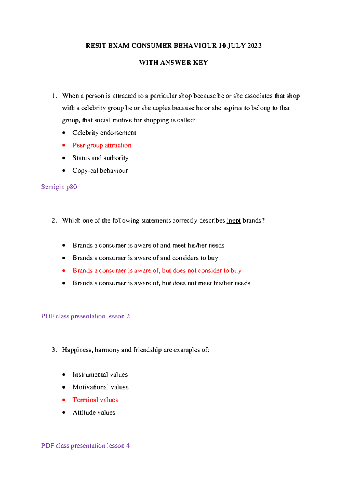 Resit Exam: Consumer Behaviour with Answer Key (10 July 2023) - Studeersnel