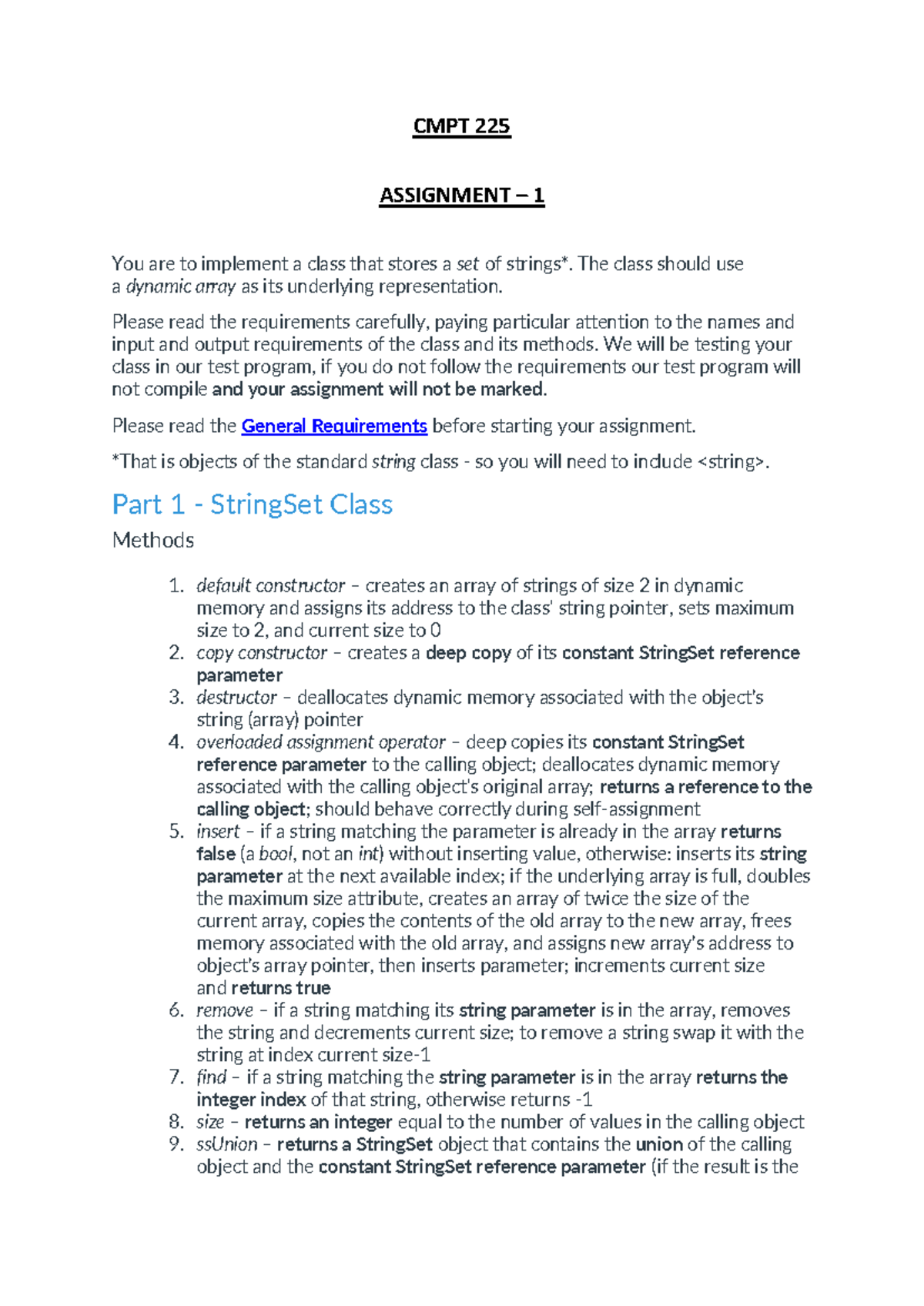 CMPT 225 Assignment 1: Implementing a dynamic array StringSet class ...