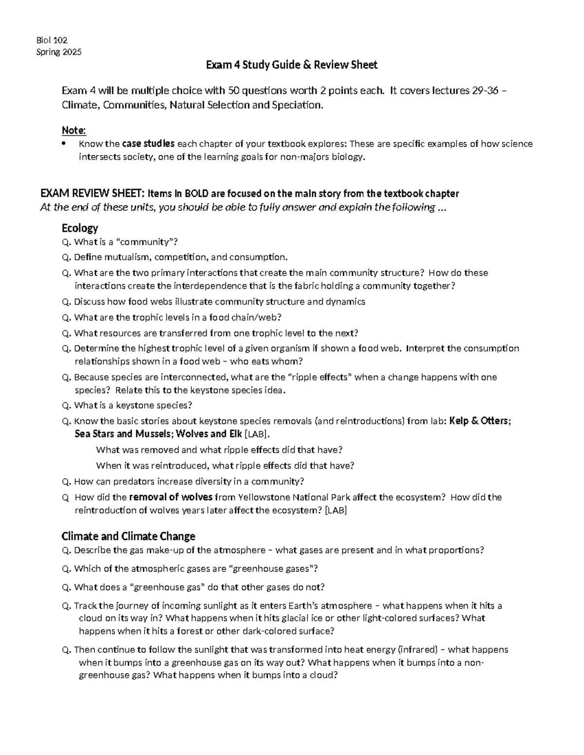 Biol 102 Spring 2025 Exam 4 Study Guide: Ecology & Evolution Insights ...