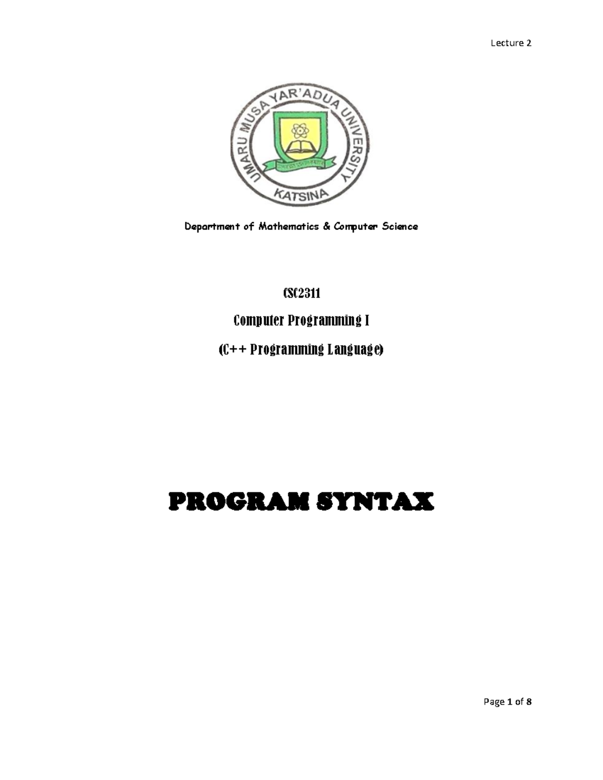 C++ CSC2311 - Lecture 2 - N/A - Department of Mathematics & Computer ...