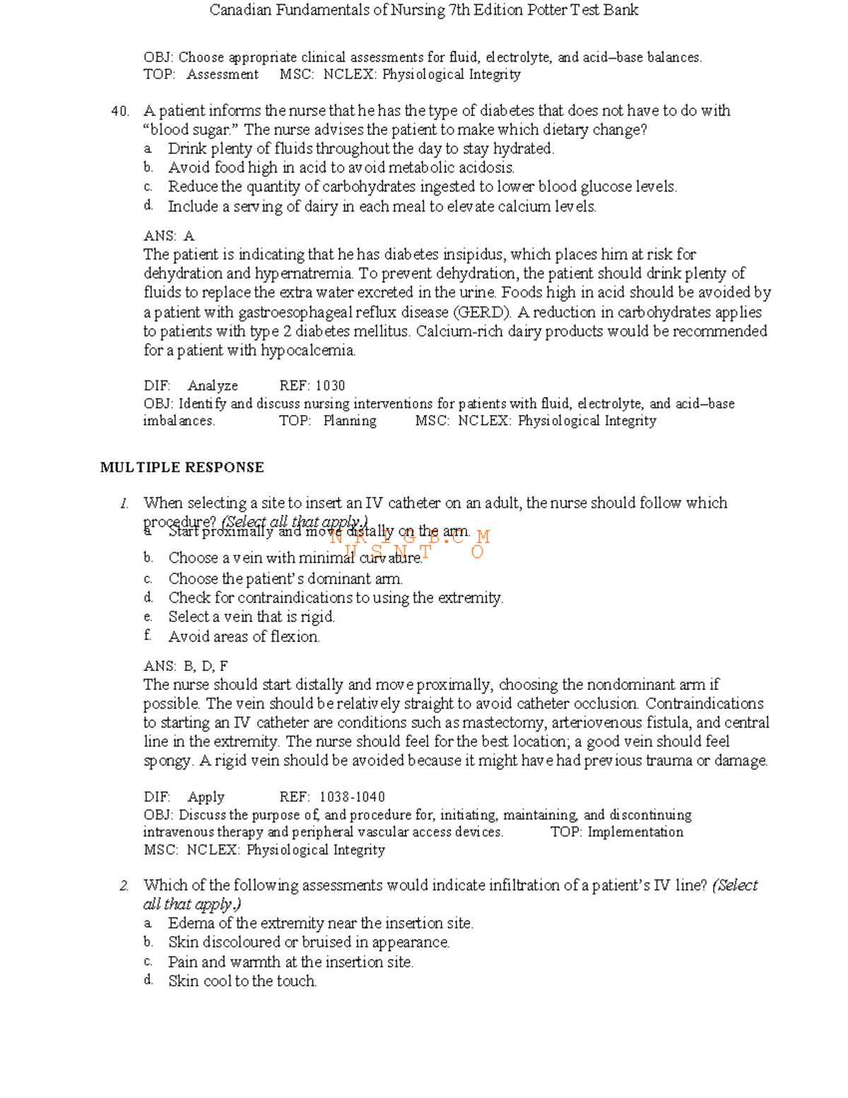 Canadian Fundamentals of Nursing 7th Ed. Potter Test Bank: Fluid ...
