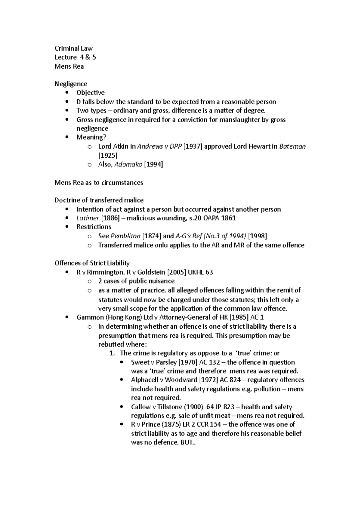 Lec 4 & 5 - Lecture notes 4-5 - Criminal Law Lecture 4 & 5 Mens Rea ...