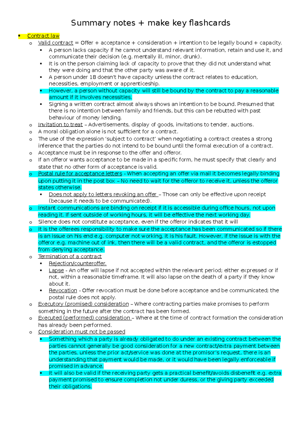 FLK1 - Summary Notes on Key Concepts in Contract Law - Studocu