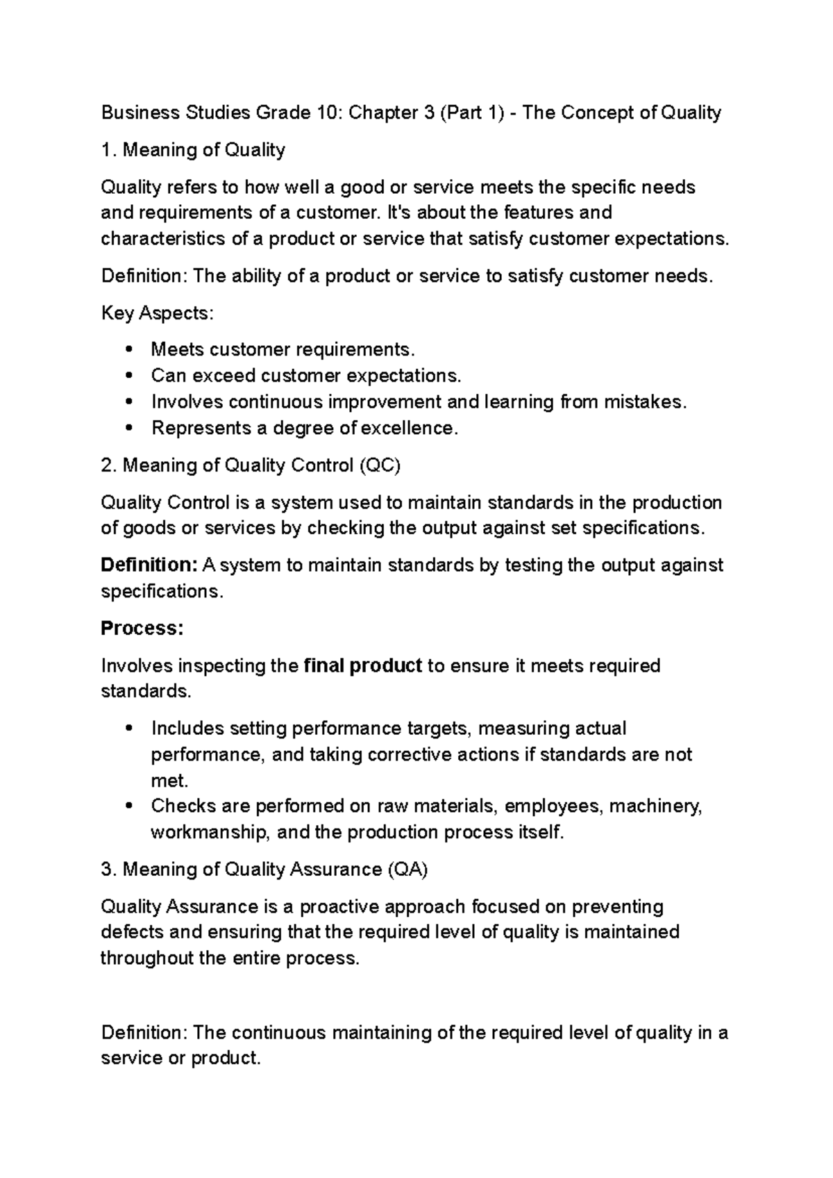 Business Studies Grade 10: Chapter 3 - Quality Concepts Overview - Studocu
