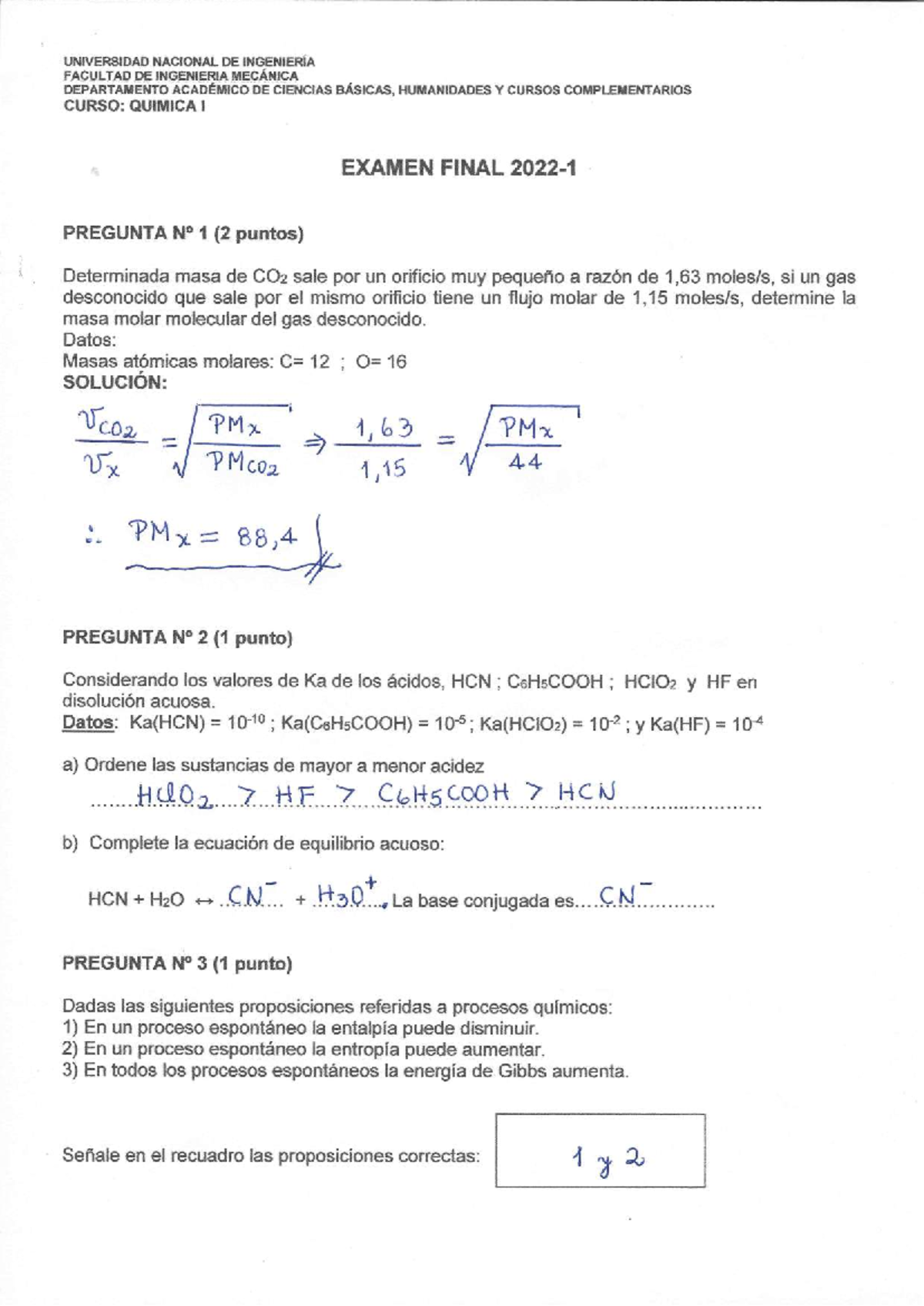 Solucionario Examen Final QUIMICA I 2022-1 - Studocu
