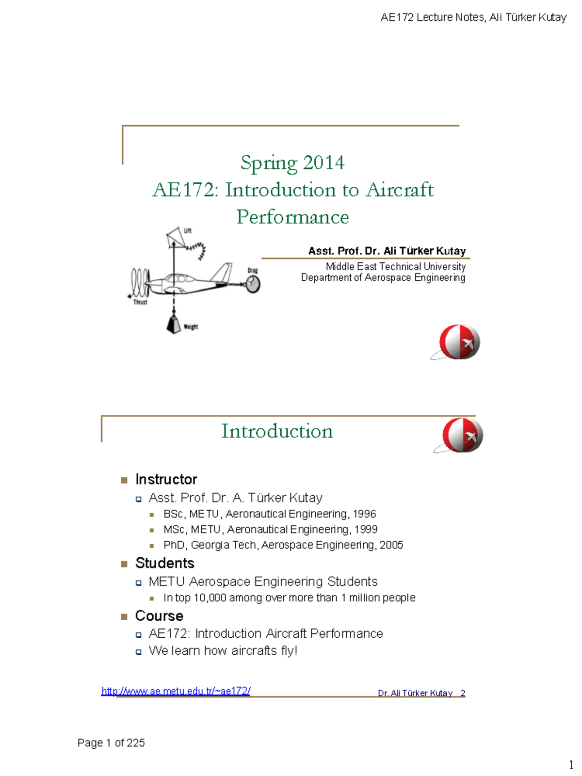 AE172 Lecture Notes - A.T.Kutay - Spring 2014 AE172: Introduction to ...