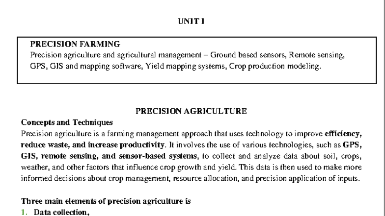 UNIT1 - fourth year It in agriculture paper - UNIT I PRECISION FARMING ...