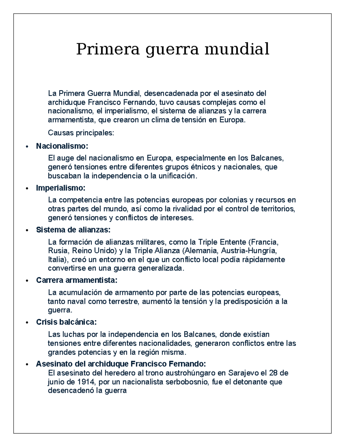 Causas y Consecuencias de la Primera Guerra Mundial (Historia 101 ...