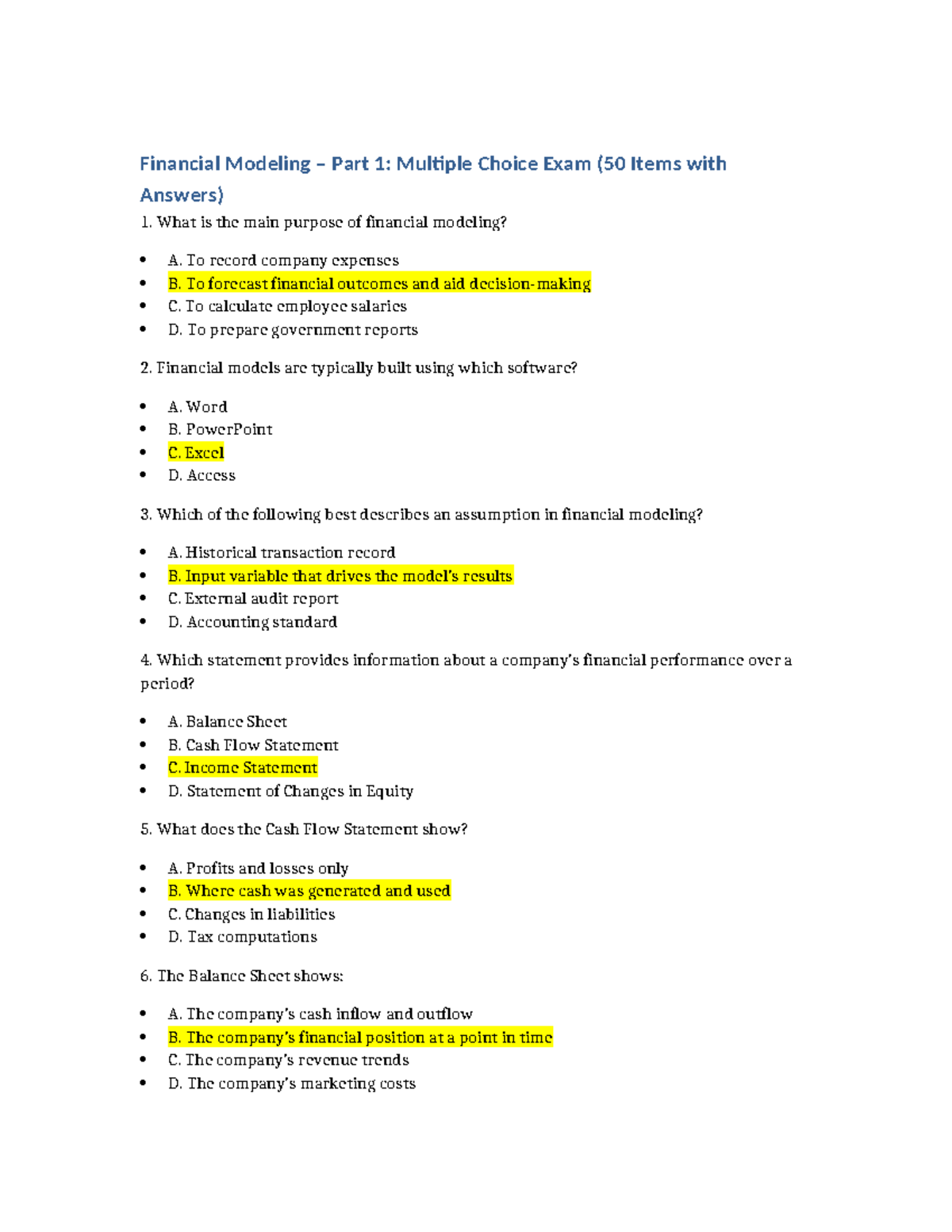 Financial Modeling Part 1: Full Exam (50 MCQs with Answers) - Studocu