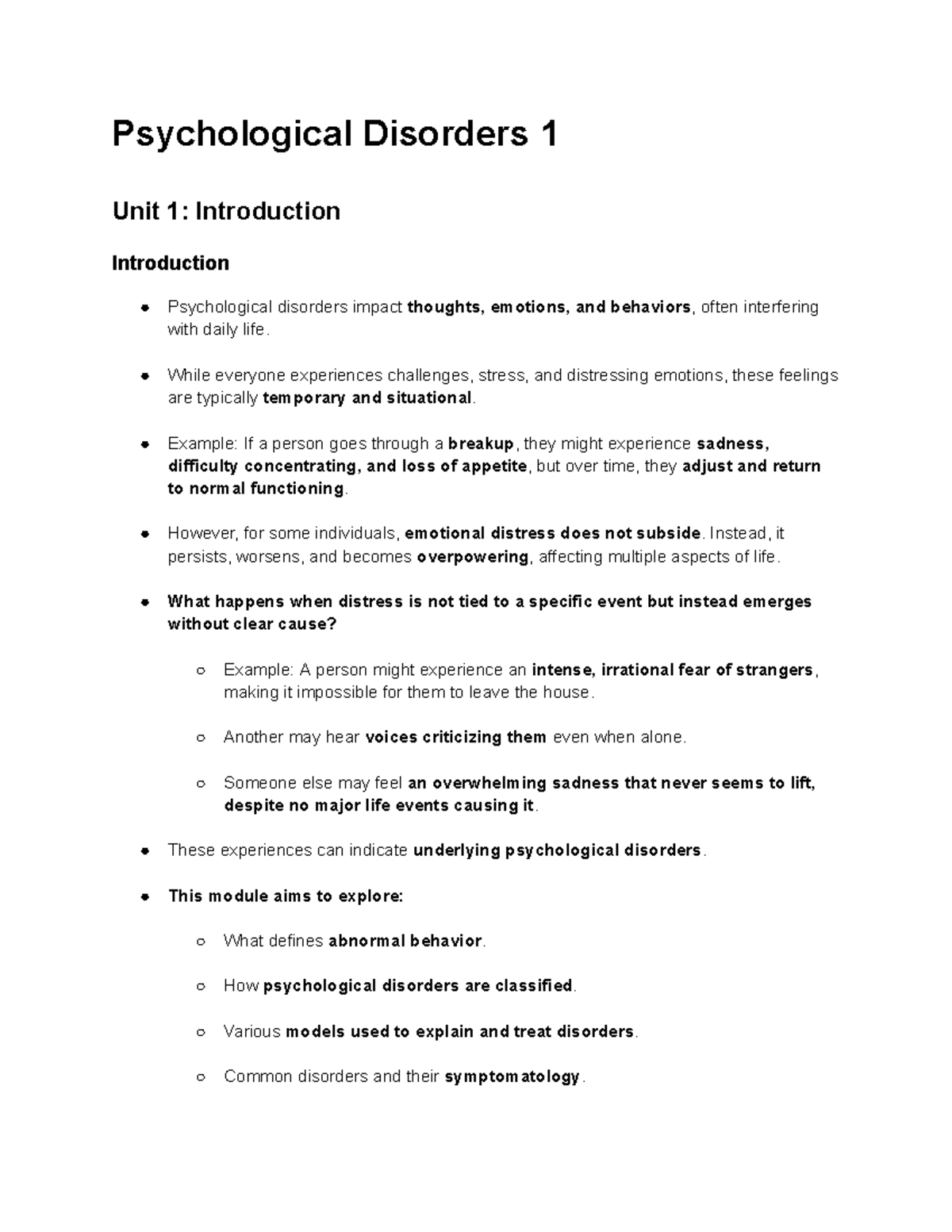 Psychological Disorders 1: Unit 1 Overview and Key Concepts - Studocu